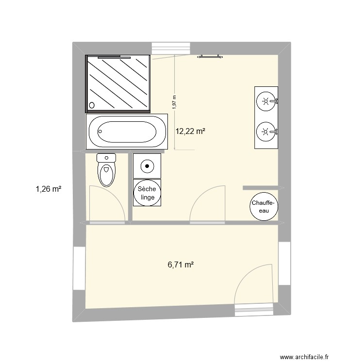 SDB RDC. Plan de 3 pièces et 20 m2