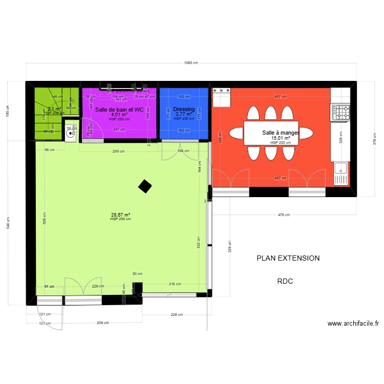 RDC  AVEC COULOIR MEUBLE variante finale sans couloir. Plan de 7 pièces et 53 m2