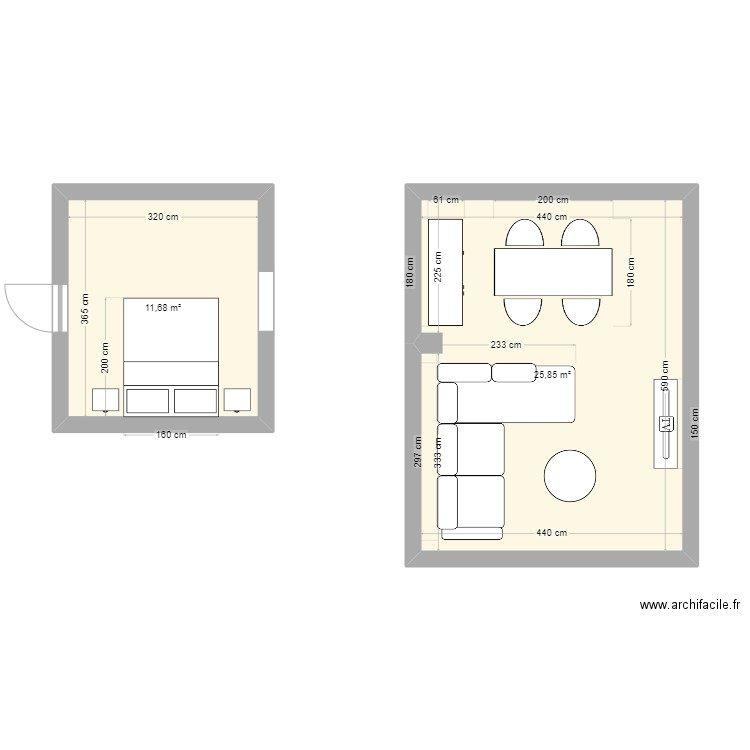 pièces. Plan de 2 pièces et 38 m2