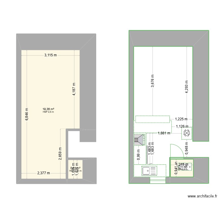 Cuisine - WC. Plan de 3 pièces et 21 m2