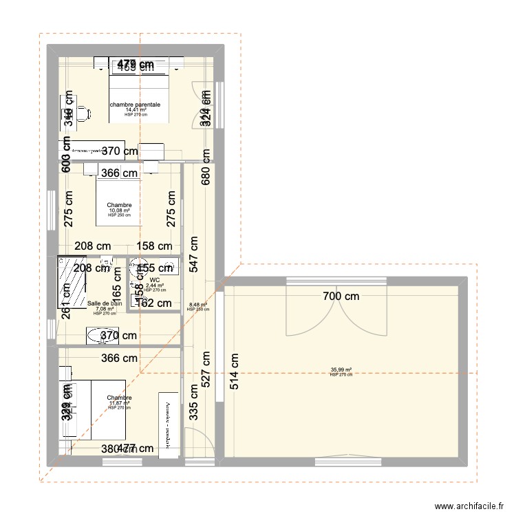 1°. Plan de 7 pièces et 90 m2