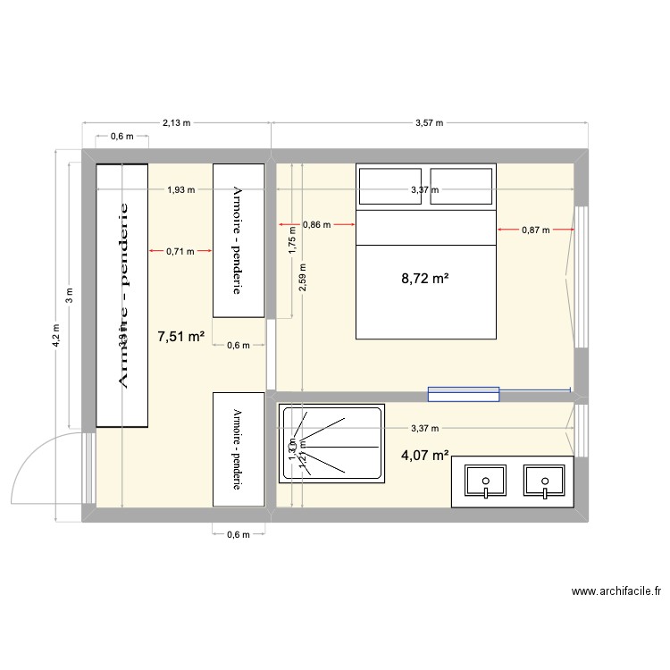 Lily Titou - suite parentale. Plan de 3 pièces et 20 m2