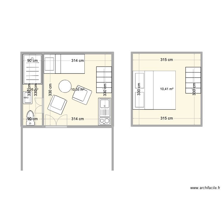 la case. Plan de 3 pièces et 24 m2