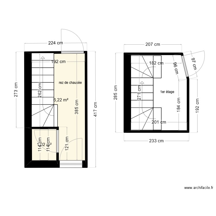 herberie  partie commune rdc 1er . Plan de 2 pièces et 7 m2