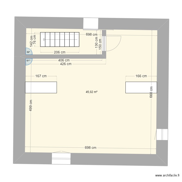 prunevaux GC. Plan de 1 pièce et 45 m2