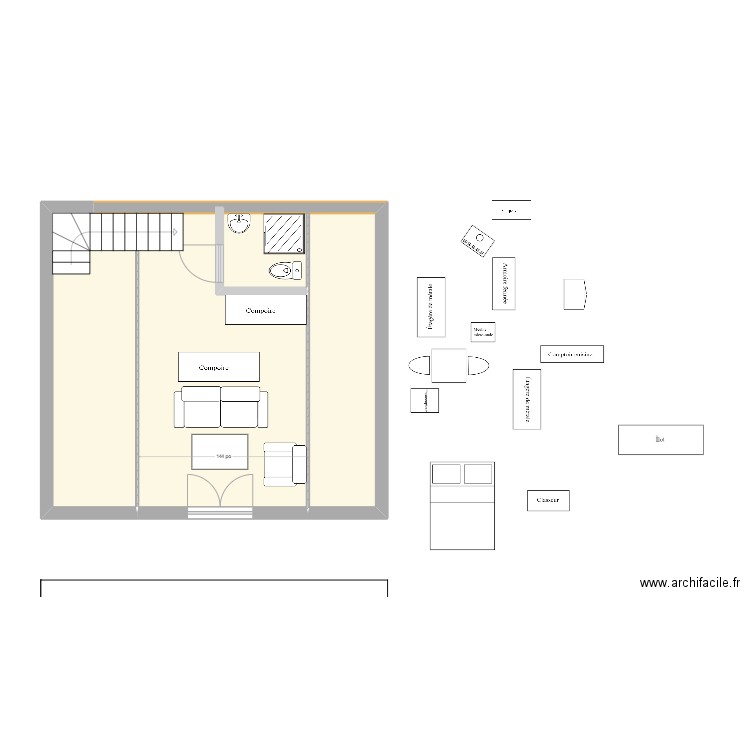 haut du garage Denis. Plan de 1 pièce et 42 m2