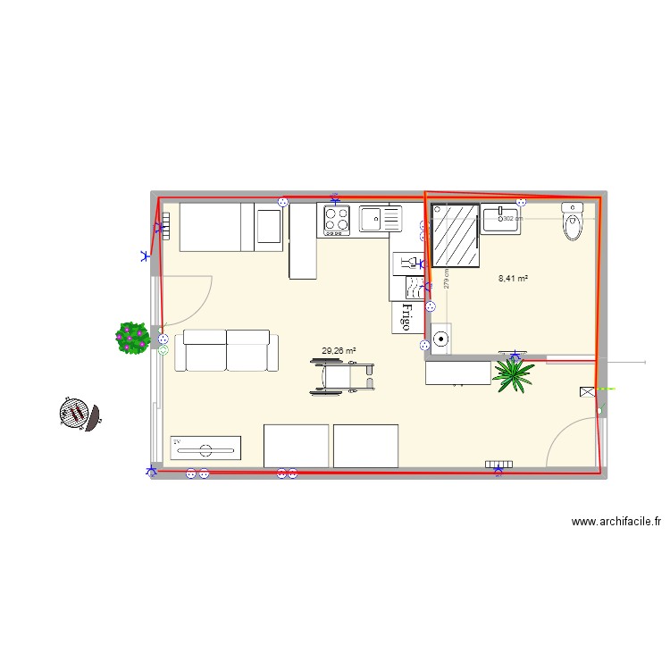 schema amenagement 1. Plan de 2 pièces et 38 m2