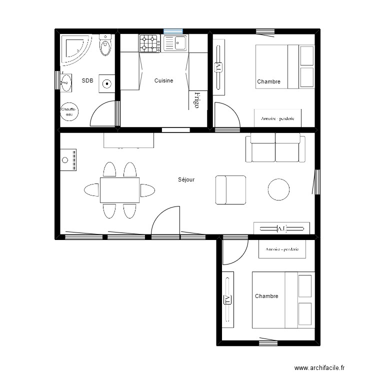 Bungalow Cul de Cheval 334. Plan de 5 pièces et 59 m2