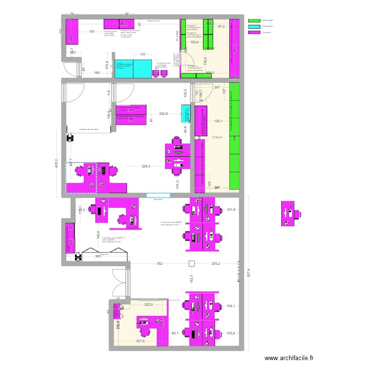 Bureau droit avec bureau ferme. Plan de 3 pièces et 39 m2