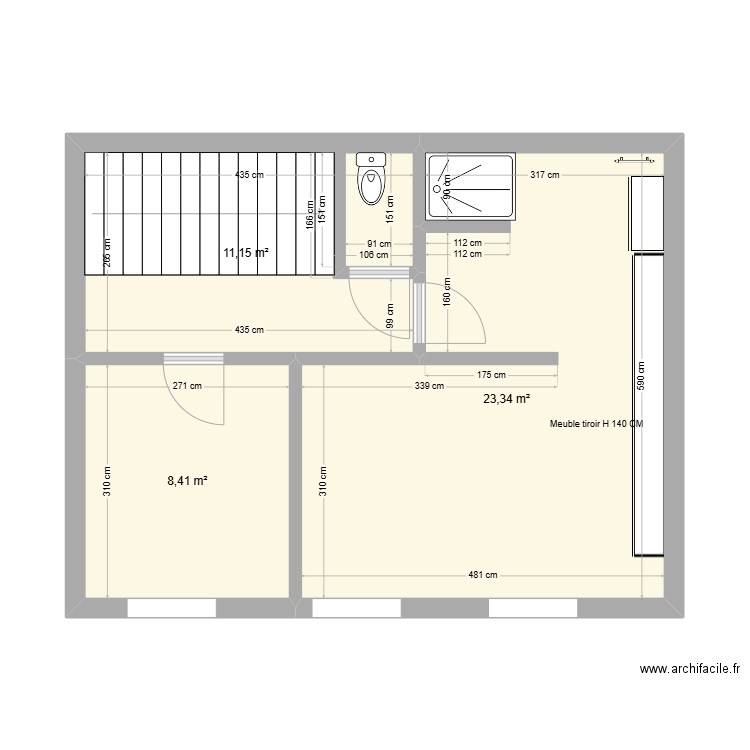 R+1. Plan de 3 pièces et 43 m2