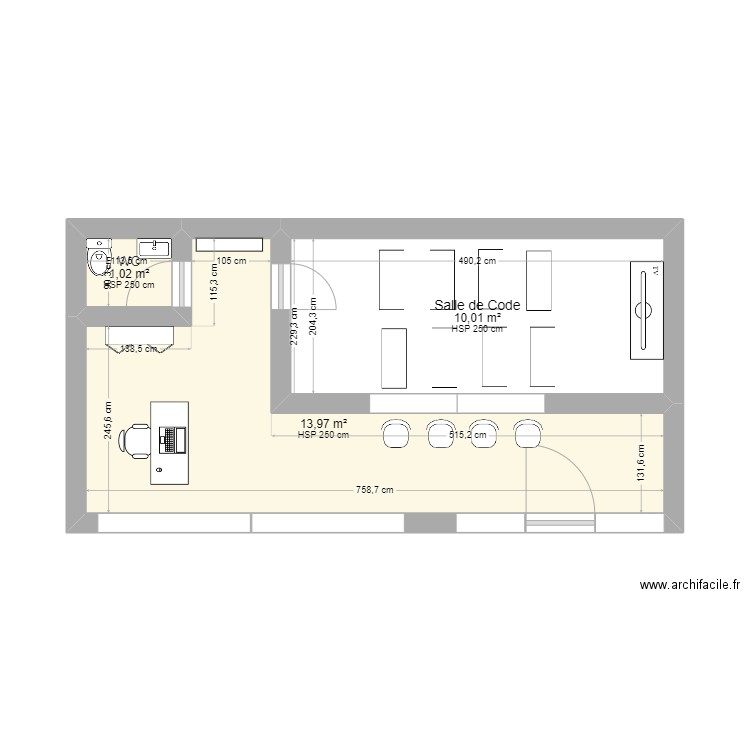 Bureau Nadia 2. Plan de 3 pièces et 25 m2