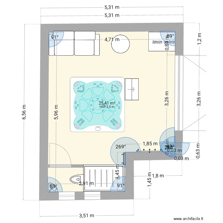 Jacuzzi avec cotations passage autour. Plan de 1 pièce et 25 m2