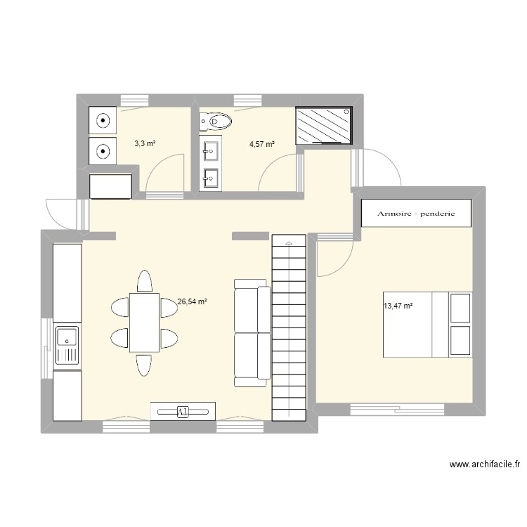 1er étage maison madeira . Plan de 4 pièces et 48 m2