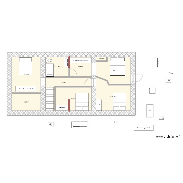 Etage livry 2. Plan de 9 pièces et 65 m2