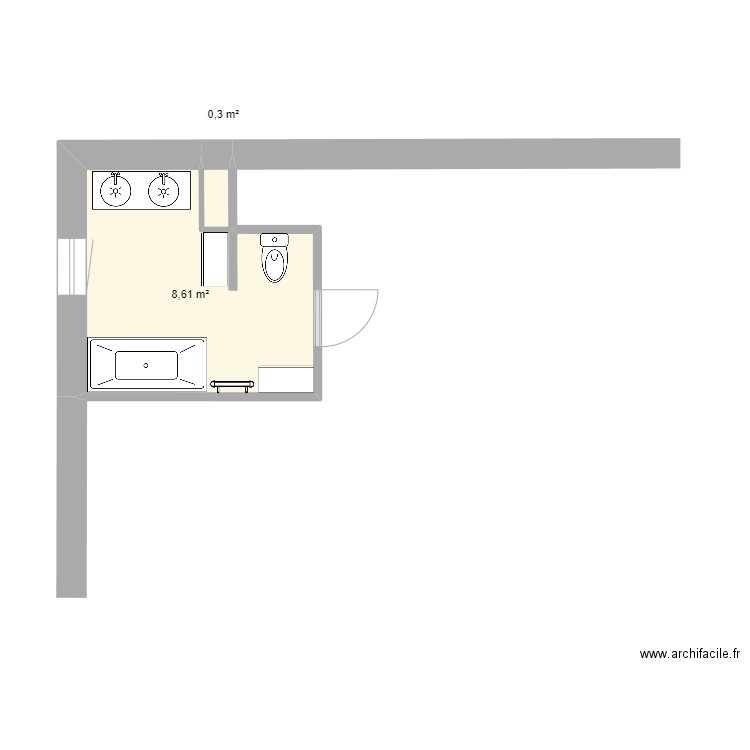 SDB. Plan de 2 pièces et 9 m2