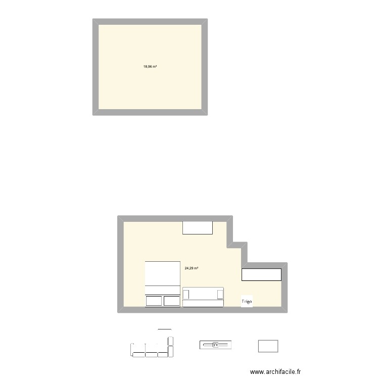 studio . Plan de 2 pièces et 43 m2