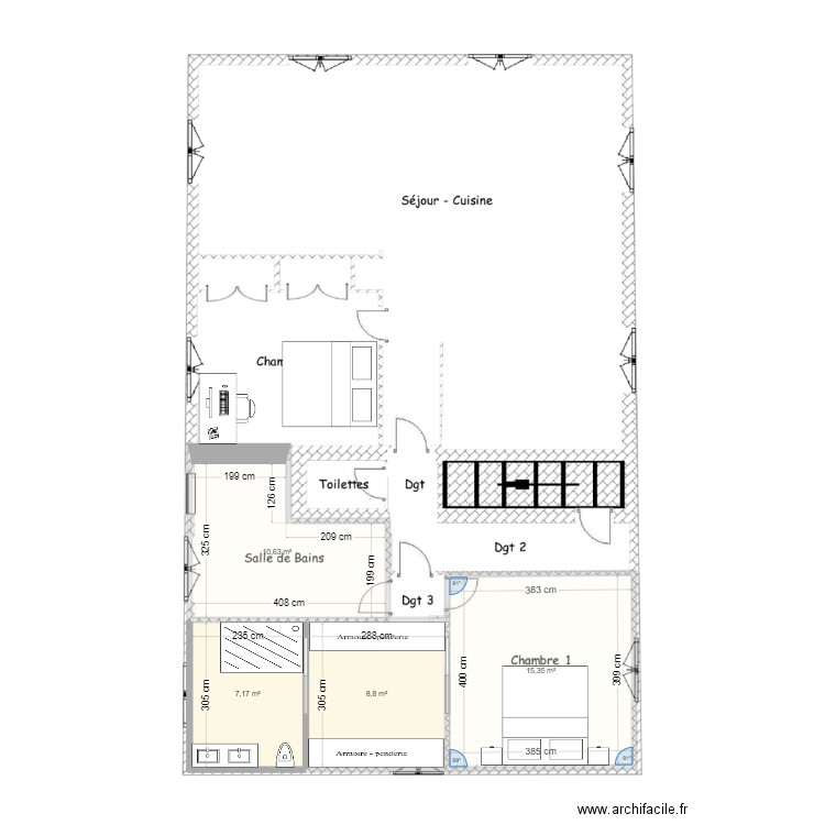 pLAN MAISON OK Aménagement suite parentale. Plan de 4 pièces et 42 m2