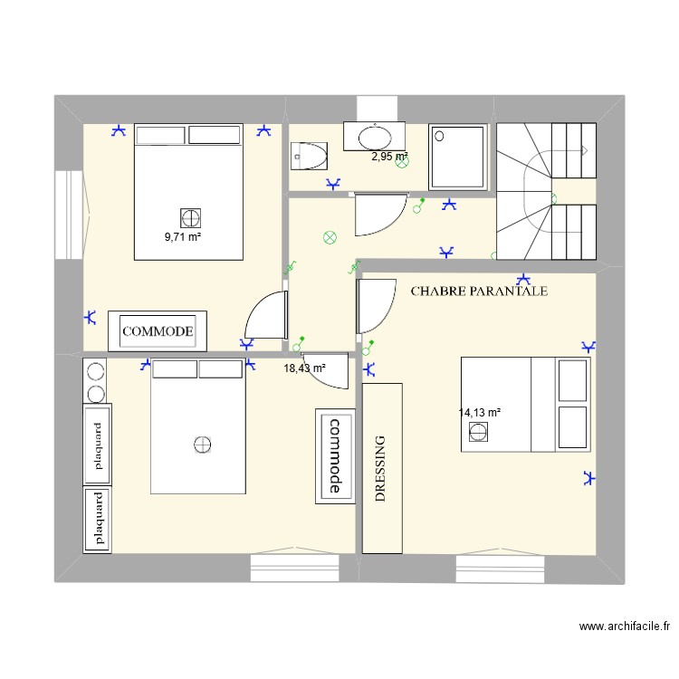 r+1. Plan de 4 pièces et 45 m2