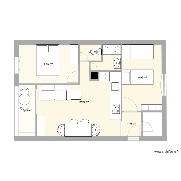 Saint Hilaire test version petit aménagé 1. Plan de 7 pièces et 45 m2