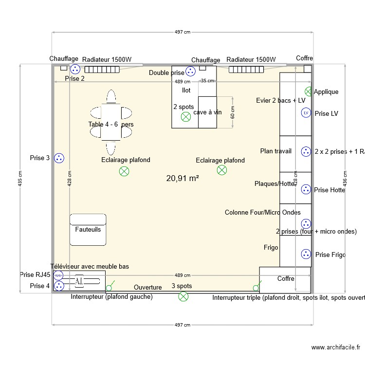 Cuisine - SAM. Plan de 1 pièce et 21 m2