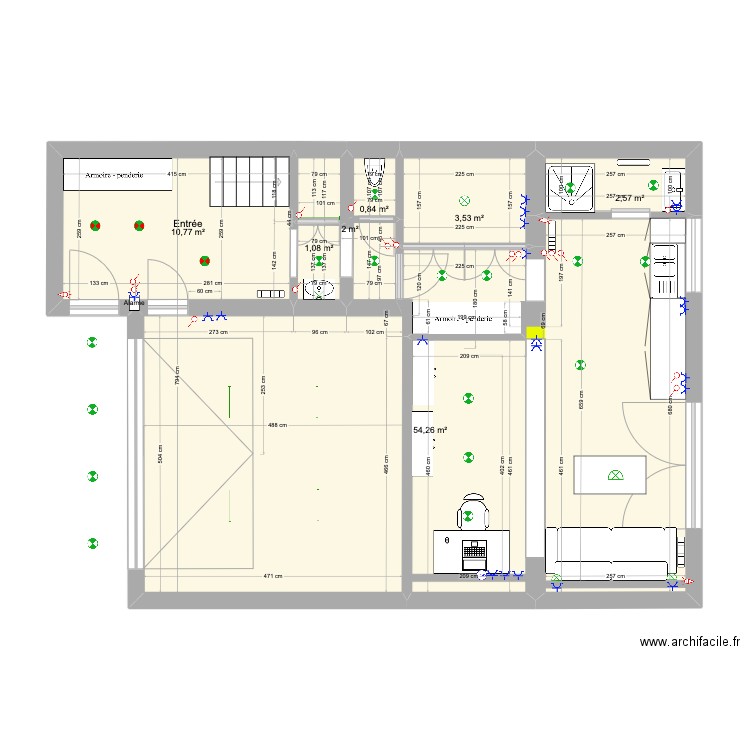 RDC. Plan de 7 pièces et 75 m2