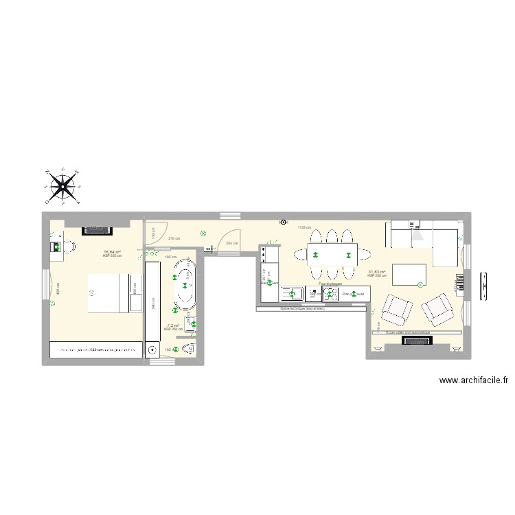 Plan Mobilier / Eclairage / Interrupteurs. Plan de 3 pièces et 56 m2