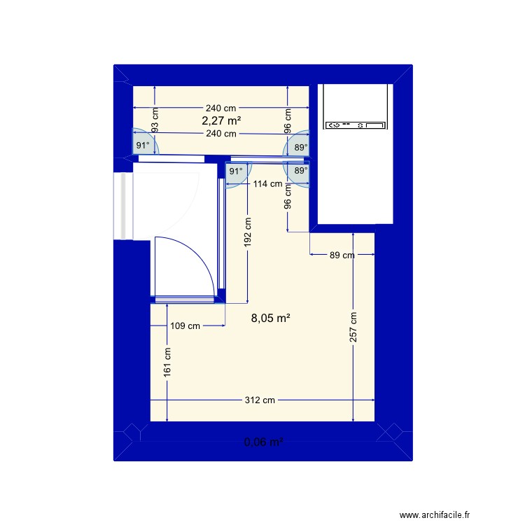 Studio. Plan de 3 pièces et 10 m2