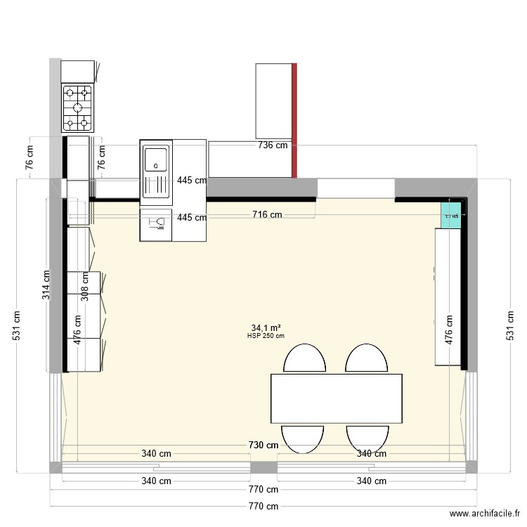 Extension cuisine. Plan de 1 pièce et 34 m2