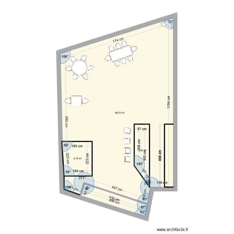 salle. Plan de 4 pièces et 85 m2