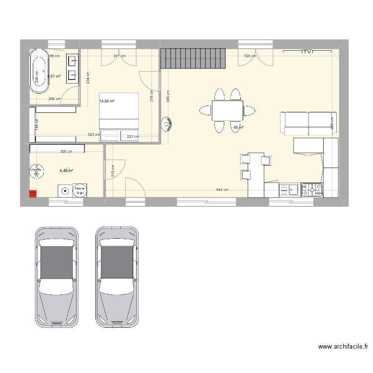 v1 rdc. Plan de 4 pièces et 74 m2