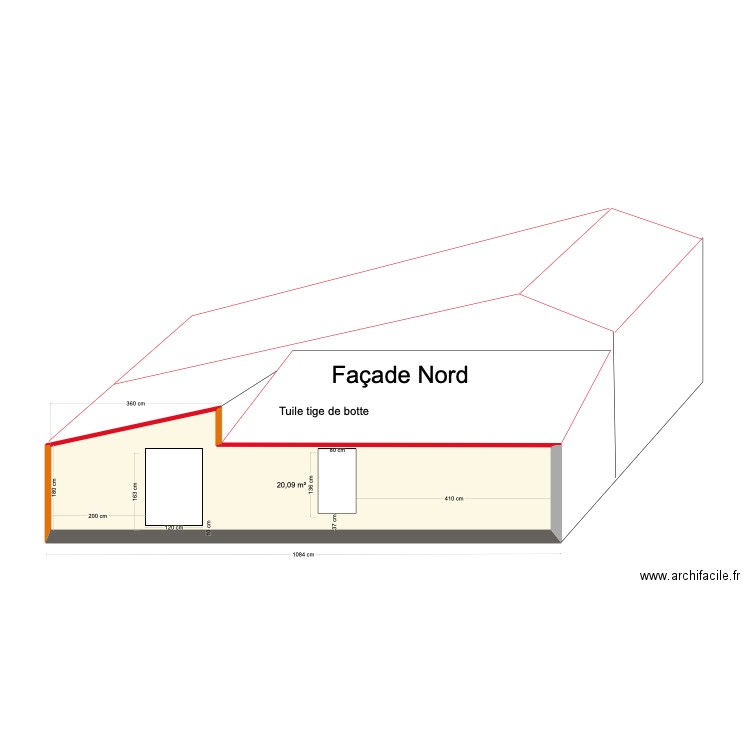 Façade Nord. Plan de 1 pièce et 20 m2