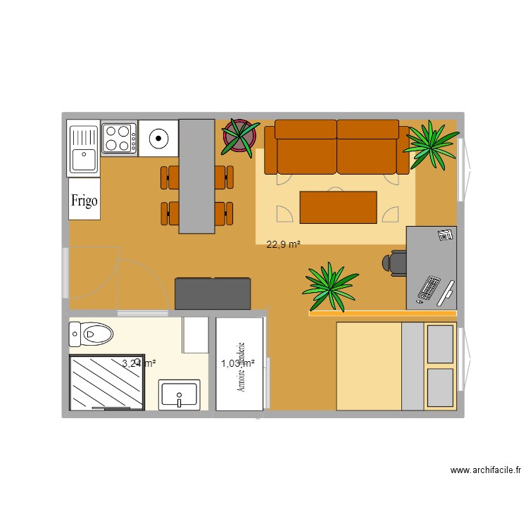 plan appartement V1. Plan de 3 pièces et 27 m2