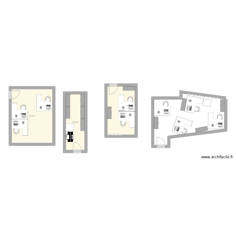 Bureaux. Plan de 3 pièces et 44 m2