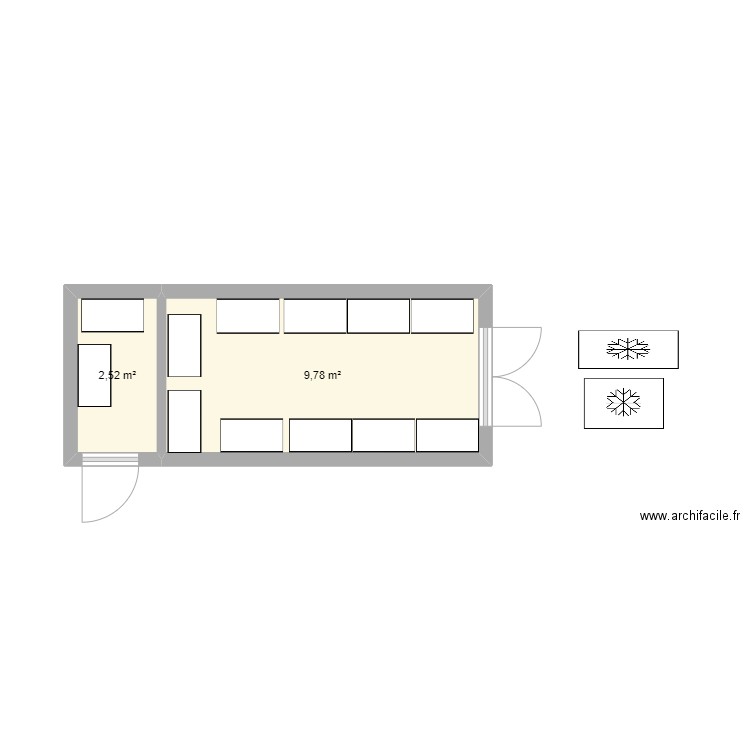 container dry. Plan de 2 pièces et 12 m2