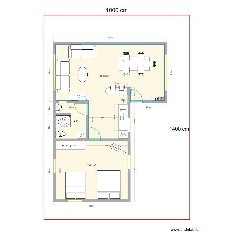 Purta Aventuras plano de casa. Plan de 3 pièces et 60 m2