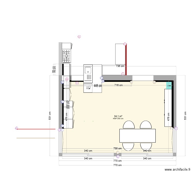 Extension cuisine avec électricité - Prises. Plan de 1 pièce et 34 m2