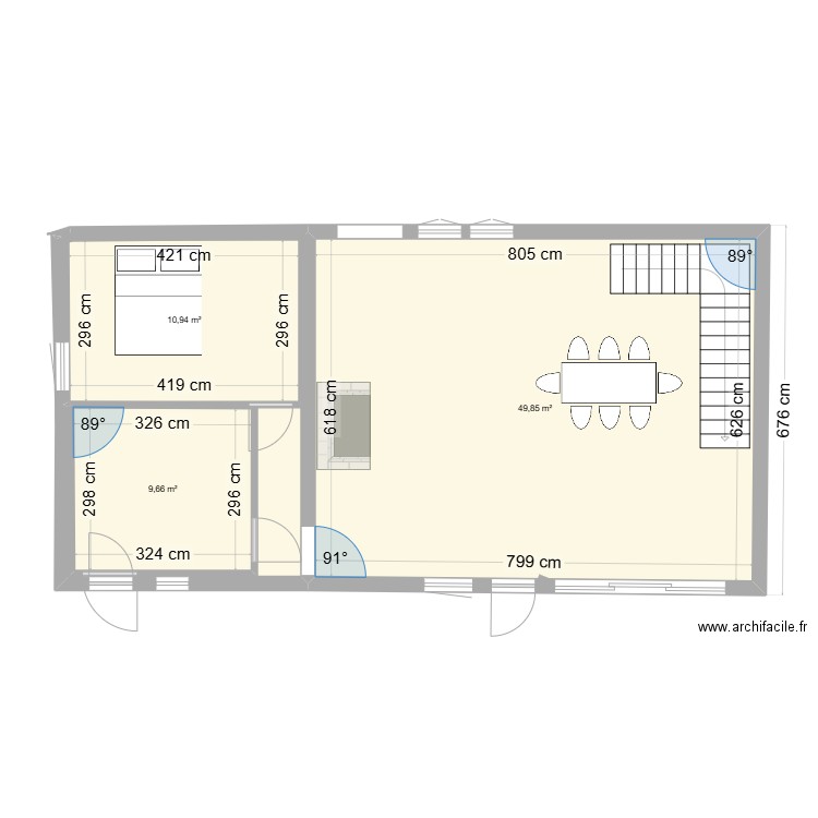 coté cour. Plan de 3 pièces et 72 m2