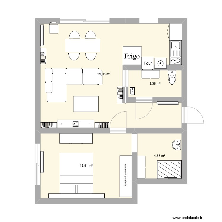 Appart . Plan de 4 pièces et 51 m2