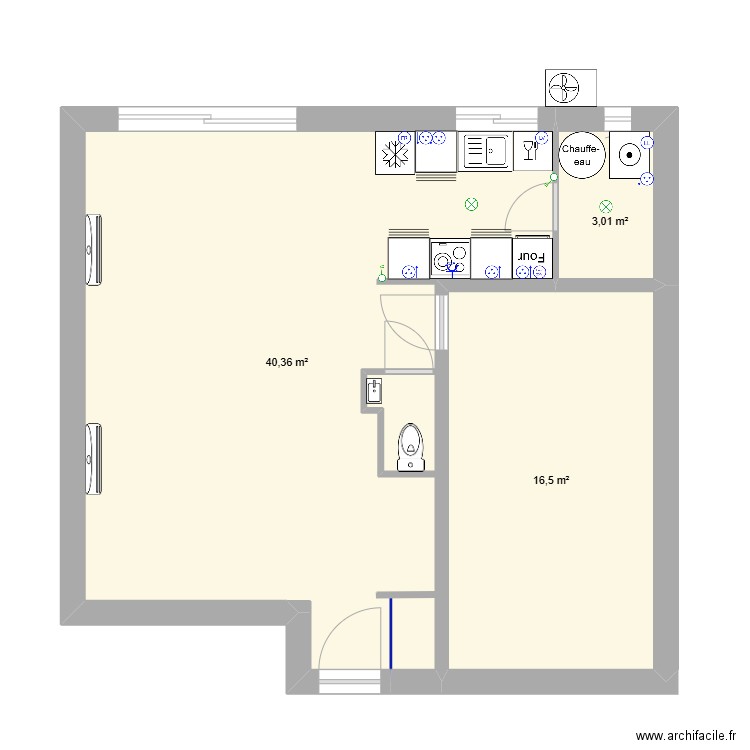 RDC. Plan de 3 pièces et 60 m2