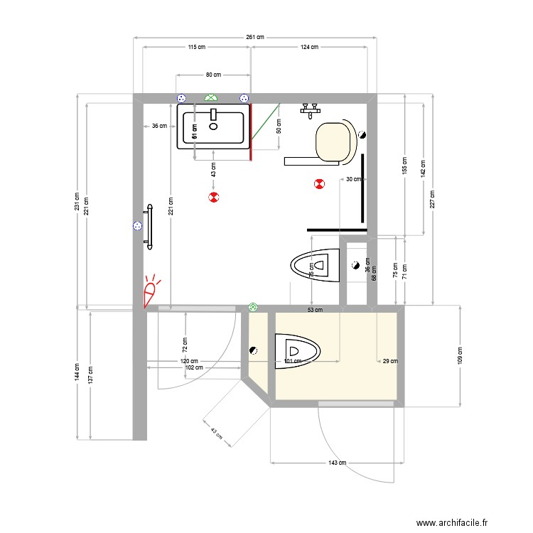 Salle d'eau 70 avec aménagement. Plan de 2 pièces et 2 m2