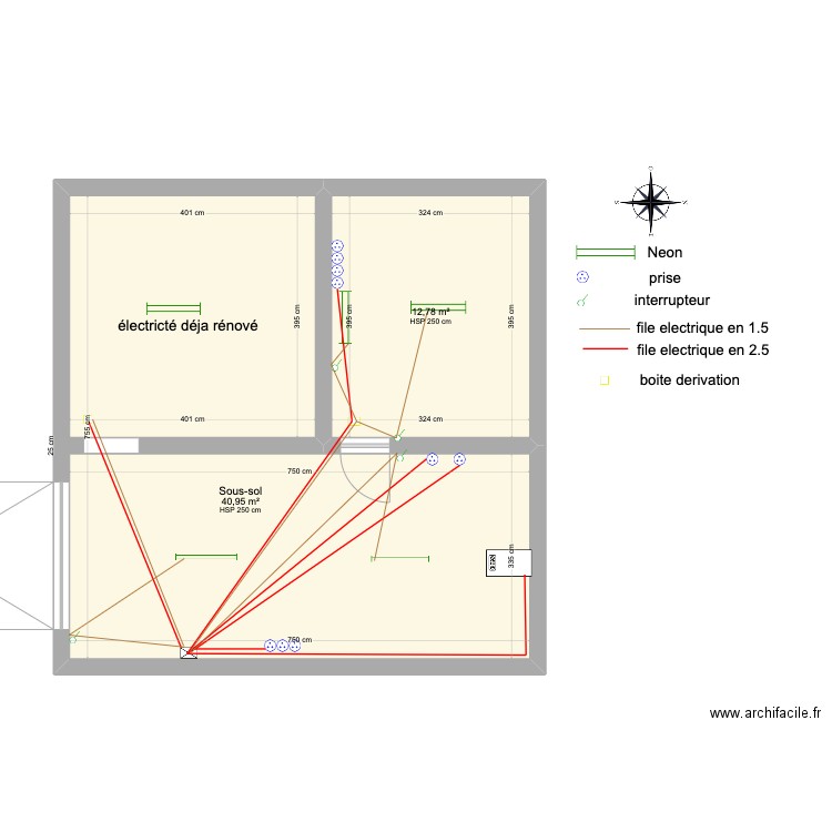 sous sol. Plan de 2 pièces et 54 m2