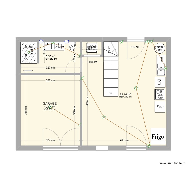 RDC. Plan de 4 pièces et 44 m2