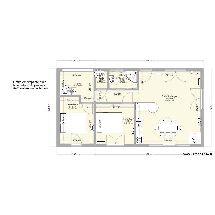 Ile Yeu maison B. Plan de 6 pièces et 59 m2