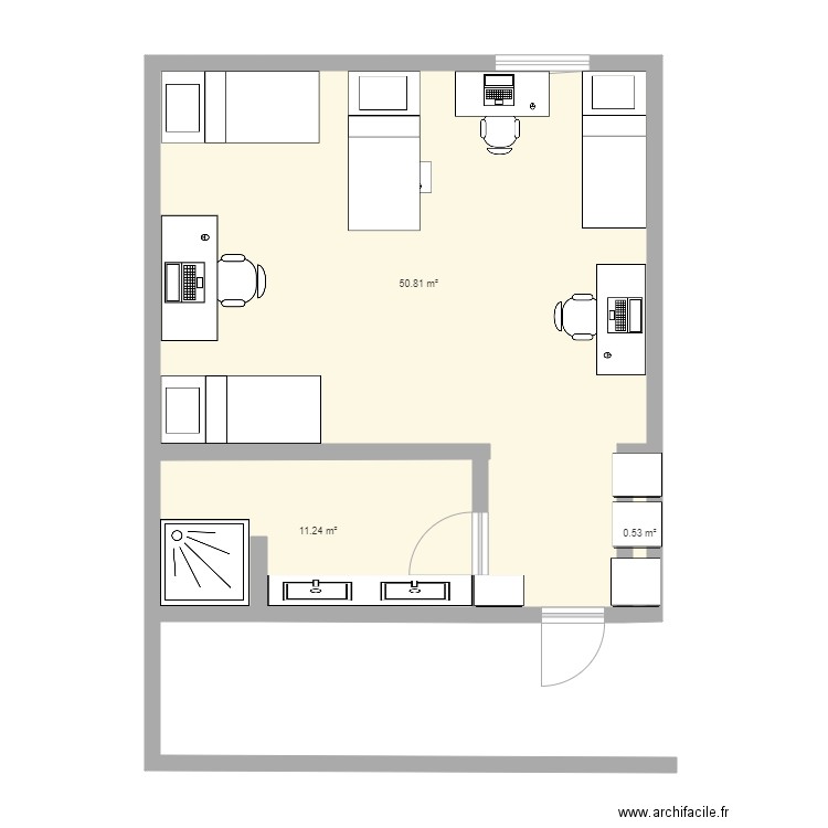 chambre internat n°1. Plan de 3 pièces et 63 m2