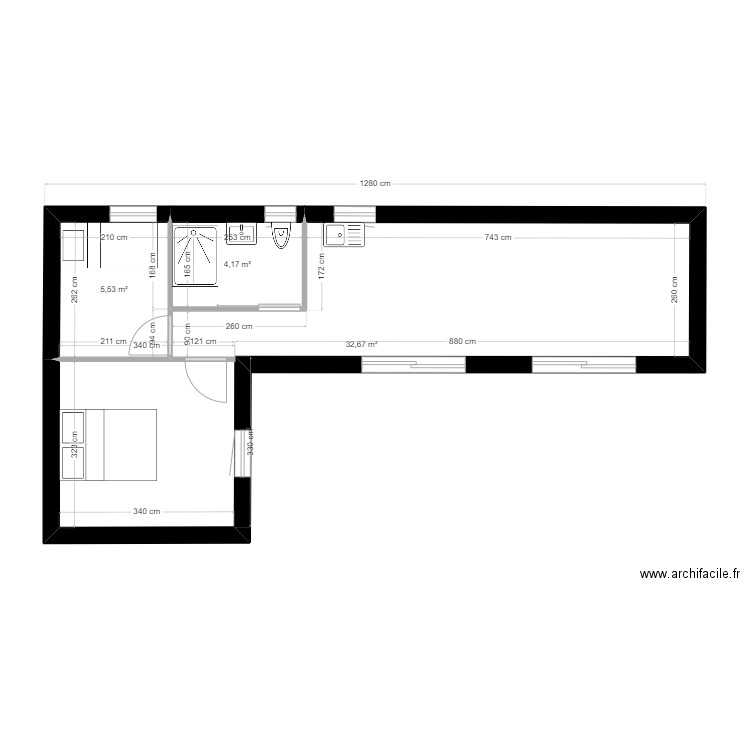 Vieille route du Rorsporden/Quimper. Plan de 3 pièces et 42 m2