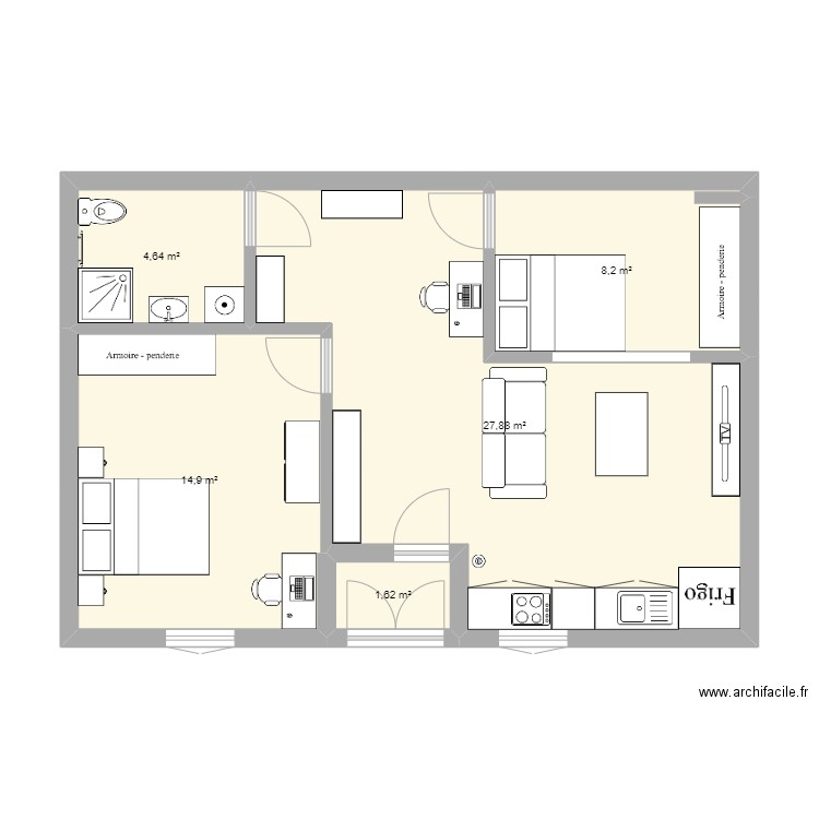 Rez de jardin option 1. Plan de 5 pièces et 57 m2