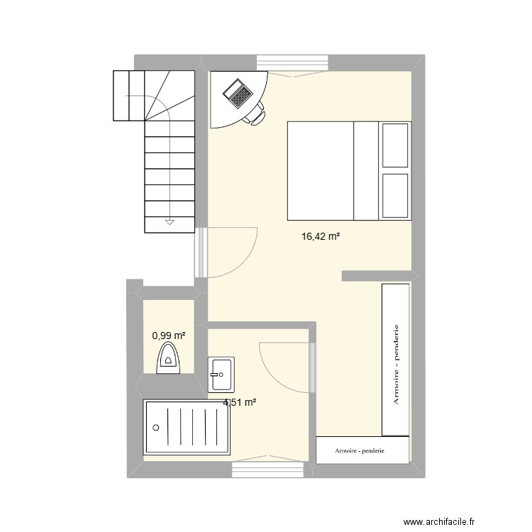 Chambre. Plan de 3 pièces et 22 m2