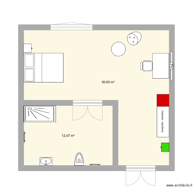 Chambre handicapée double. Plan de 2 pièces et 43 m2