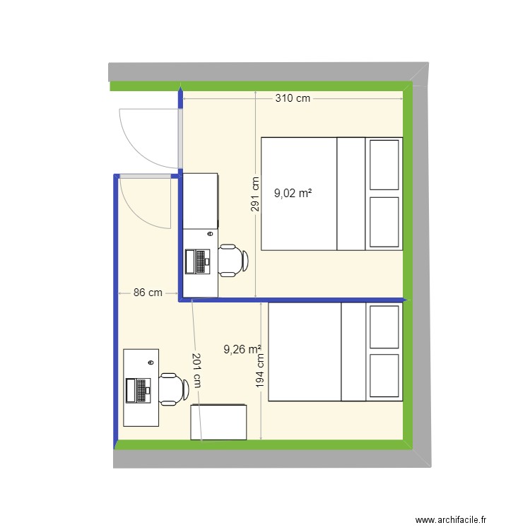 CHAMBRES HAUT 1. Plan de 2 pièces et 18 m2