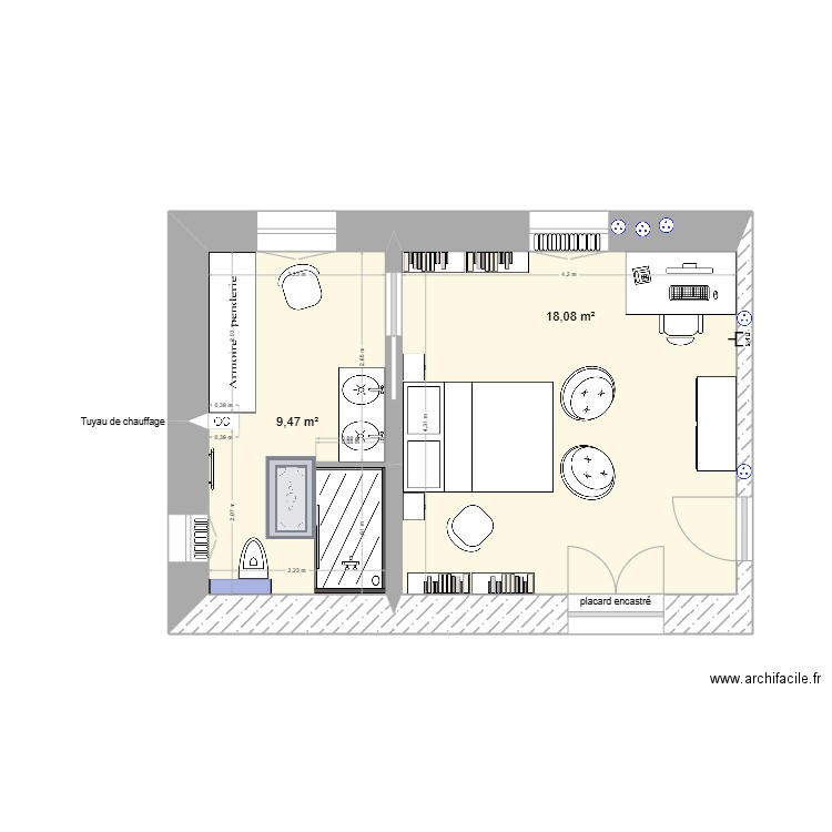 Chambre d'ami 1er 2ème version. Plan de 2 pièces et 28 m2